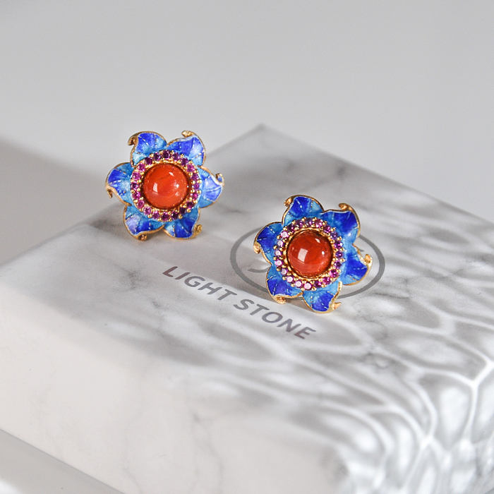 Online Earrings - Star Flower - Chinese Cloisonné Red Agate Silver Ear Stud 