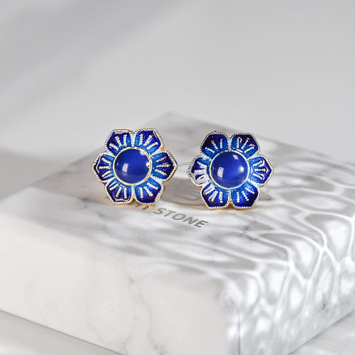 Gilt Flower - Burning Blue Cloisonné Silver Ear Stud 