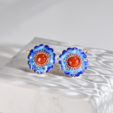 Online Earrings - Flower - Red Agate - Chinese Cloisonné Silver Ear Stud  | LIGHT STONE