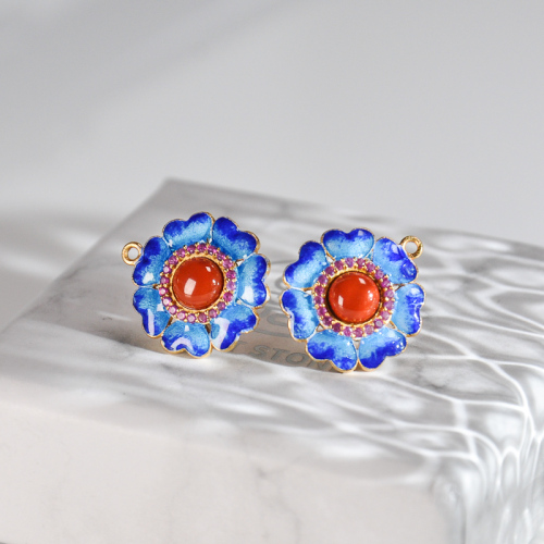 Flower - Red Agate - Burning Blue Cloisonné Silver Ear Stud 