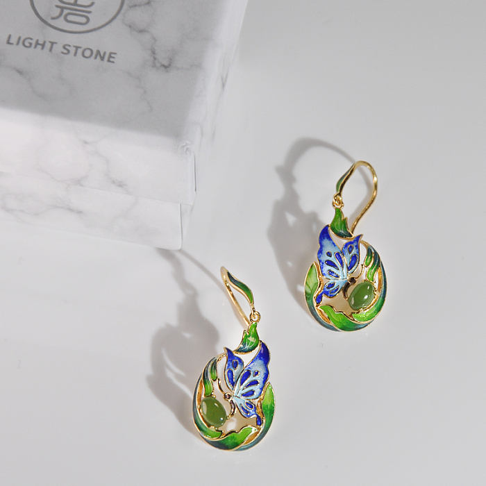 Online Earrings - Asian Gift -Butterfly - Cloisonne Silver Earrings| LIGHT STONE