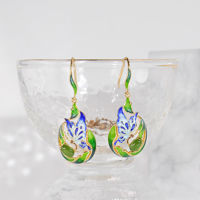 Online Earrings - Asian Gift -Butterfly - Cloisonne Silver Earrings| LIGHT STONE