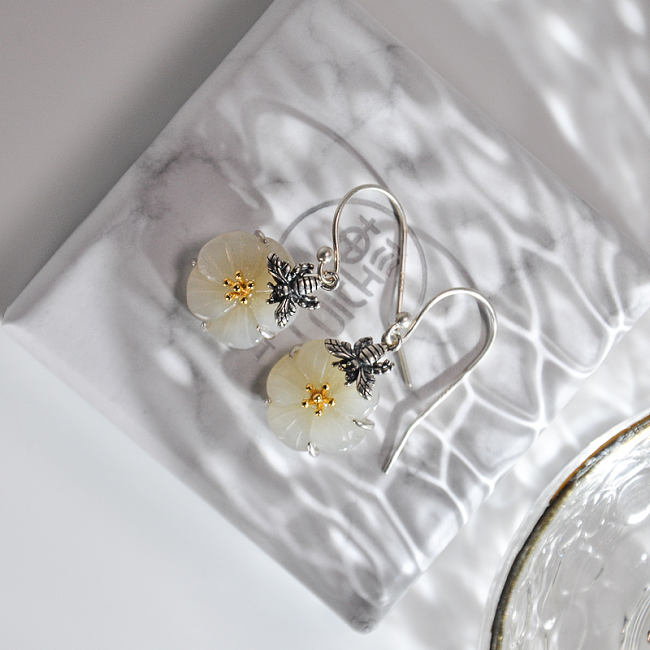 Bee and Plum Flower - Jade Silver Earrings