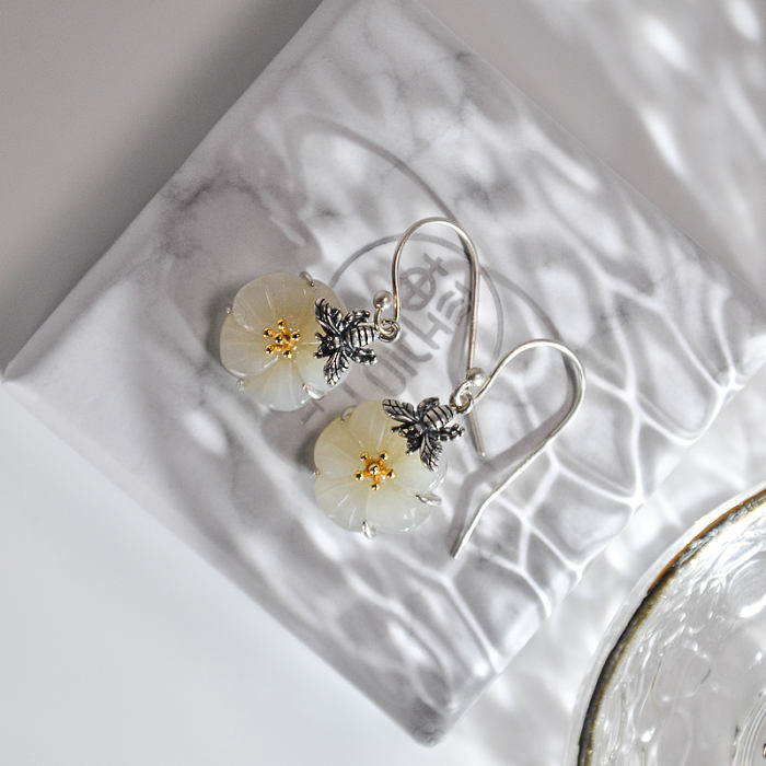 Online Earrings - Bee and Plum Flower Chinese Jade Silver Earrings | LIGHT STONE