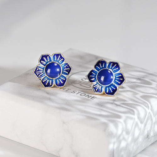 Gilt Flower - Burning Blue Cloisonné Silver Ear Stud 