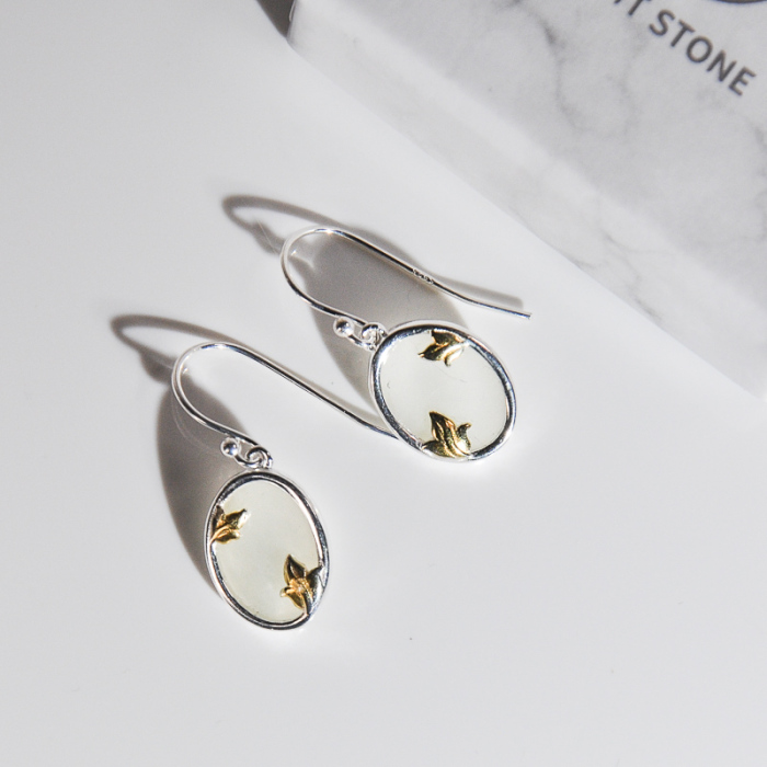 Online Earrings - Mulan - Gold Magnolia Silver Earrings-White Jade | LIGHT STONE