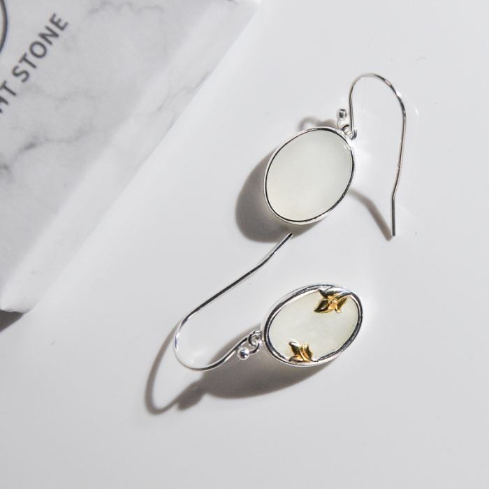 Online Earrings - Mulan - Gold Magnolia Silver Earrings-White Jade | LIGHT STONE