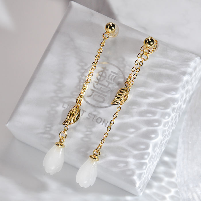 Online Earrings - Mulan - White Magnolia -Chinese Jade Silver Earrings| LIGHT STONE