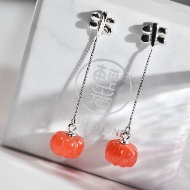 Pumpkin Joy -Red Agate Silver Earrings