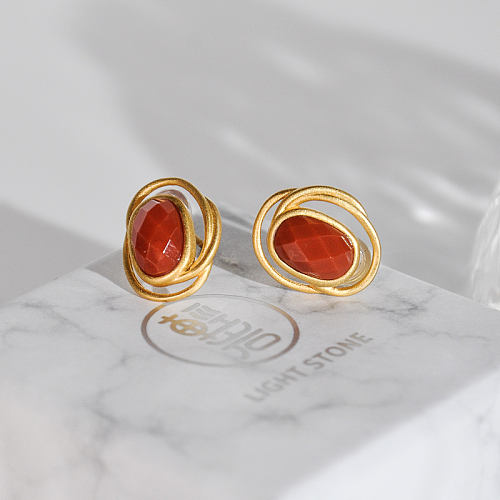 Circle - Vintage Red Agate Silver Earrings