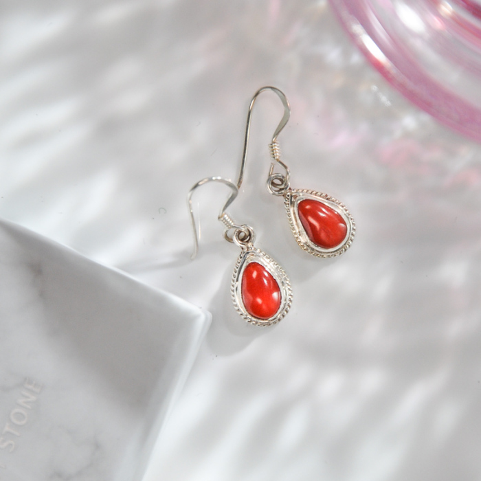 Chinese Handmade Jewelry- Online Shop-Red Coral Tibetan Silver Earrings| LIGHT STONE
