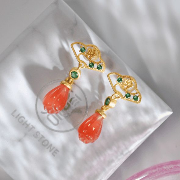 Online Earrings -Magnolia - Chinese Red Agate Silver Earrings| LIGHT STONE