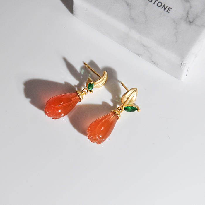 Online Earrings -Gilt Magnolia - Chinese Red Agate Silver Earrings| LIGHT STONE
