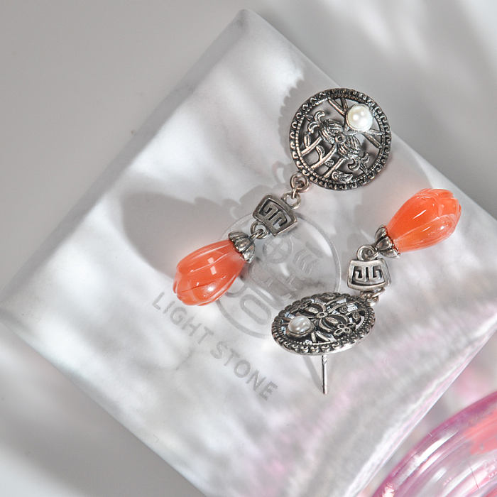 Online Earrings - Flower - Chinese Red Agate Silver Ring| LIGHT STONE