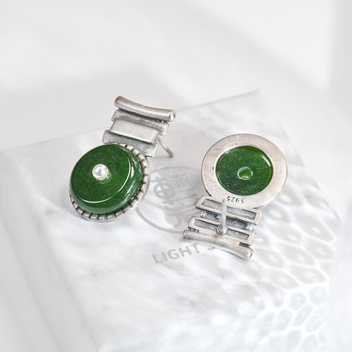 Online Earrings -Lucky Coin- Chinese Jade Silver Ear Stud| LIGHT STONE