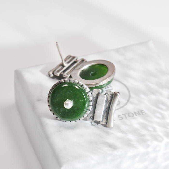 Online Earrings -Lucky Coin- Chinese Jade Silver Ear Stud| LIGHT STONE