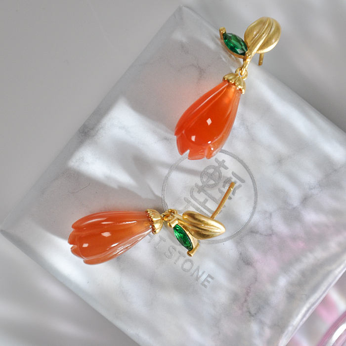Online Earrings -Gilt Magnolia - Chinese Red Agate Silver Earrings| LIGHT STONE