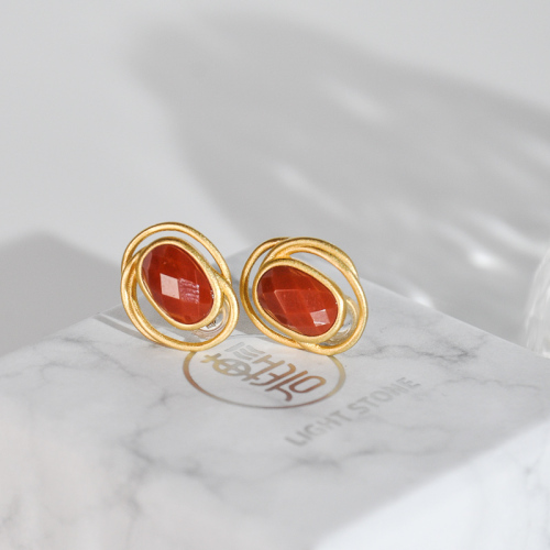 Circle - Vintage Red Agate Silver Earrings