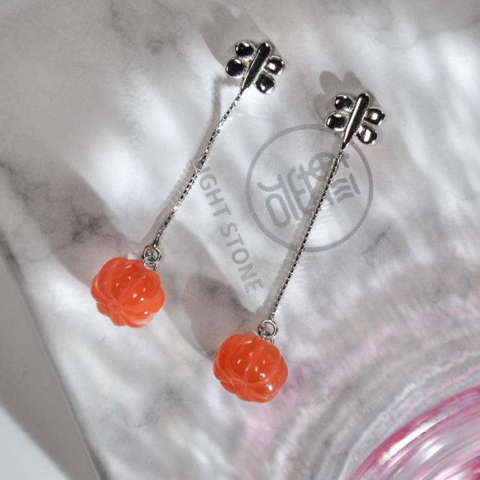 Online Earrings - Pumpkin - Chinese Red Agate Silver Earrings| LIGHT STONE