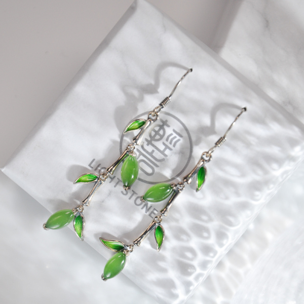 Bamboo Dream - Green Jade Enamel Silver Earrings