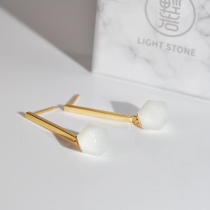 Chinese Artisan  Jewelry- Dodecahedron - Silver Hetian Jade Earrings | LIGHT STONE