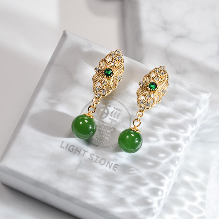 Chinese Artisan  Jewelry- Royal Green - Jade Silver Earrings| LIGHT STONE