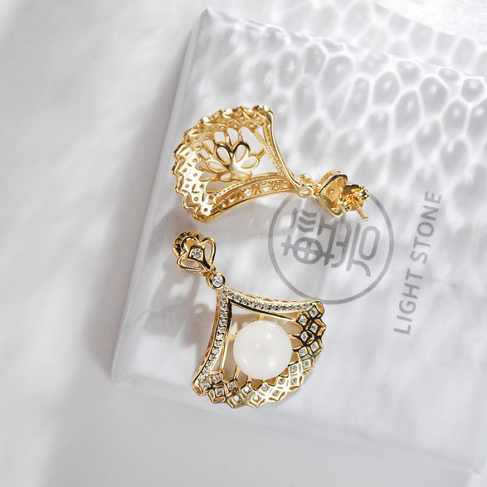 Chinese Jewelry-  Baroque Fan - Silver Hetian Jade Earrings| LIGHT STONE