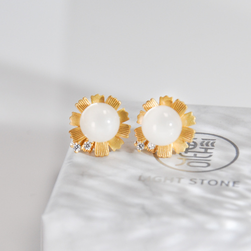 Round Flower - Jade Silver Ear Stud
