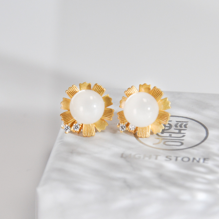 Chinese Artisan  Jewelry- Round Flower - Jade Silver Ear Stud| LIGHT STONE