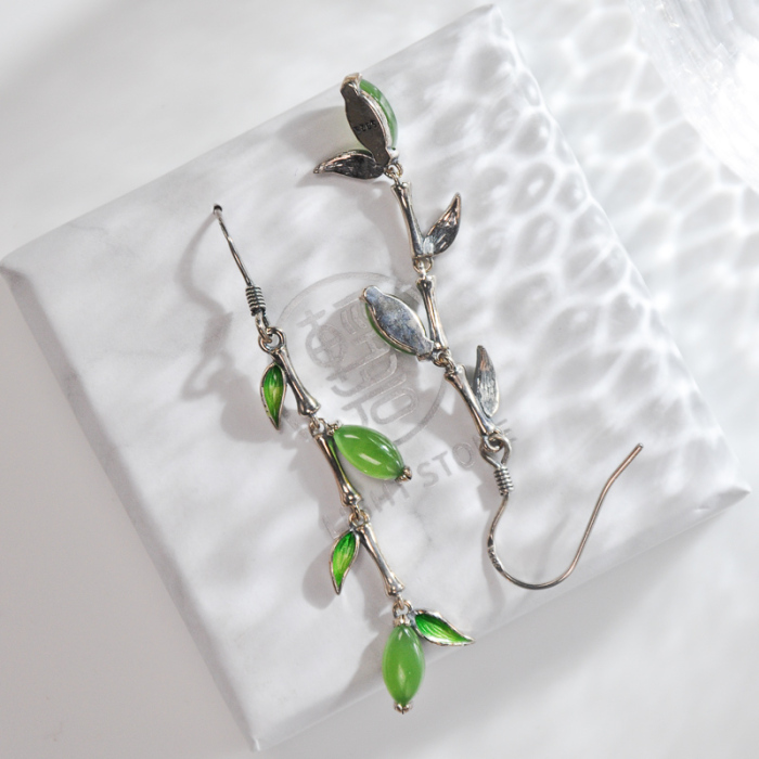 Chinese Artisan Jewelry -Bamboo - Green Jade Enamel Earrings| LIGHT STONE