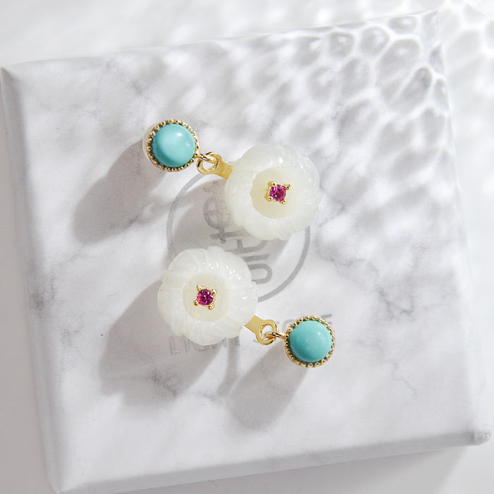 Best Online Earrings - Plum Flower - Turquoise & Chinese Jade Silver Earrings | LIGHT STONE