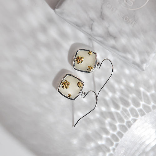 White Jade Gilt Plum Flower Silver Earrings