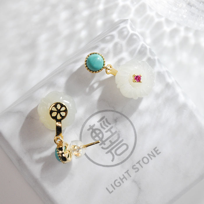 Best Online Earrings - Plum Flower - Turquoise & Chinese Jade Silver Earrings | LIGHT STONE