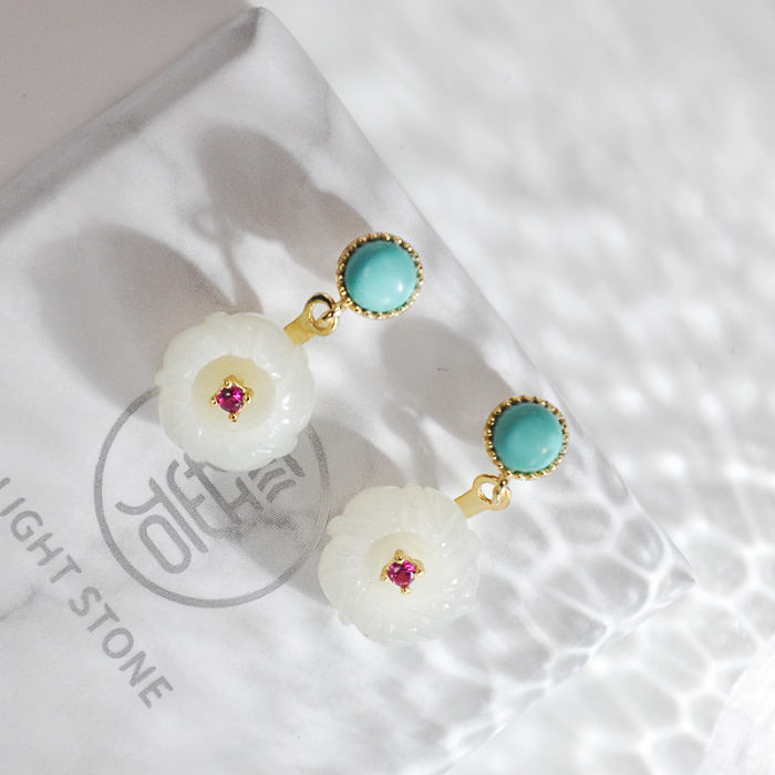 Plum Flower - Turquoise & Jade Silver Earrings