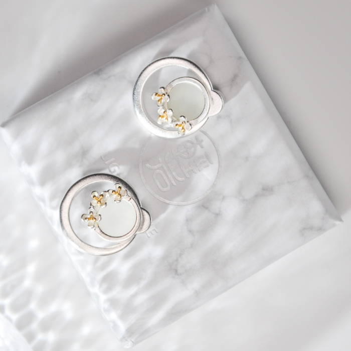 Best Online Earrings -  Modern Design Chinese Jade Osmanthus Silver Earrings| LIGHT STONE