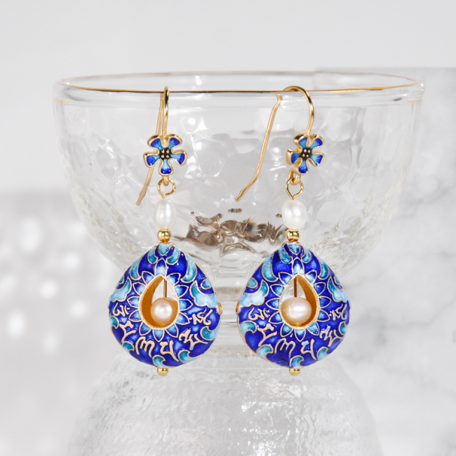 Mantra Sky Pearl Earrings - Burning Blue Silver Cloisoinne Enamel Earrings