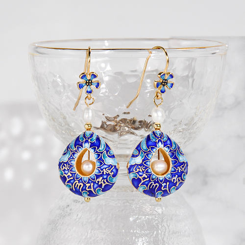 Mantra Sky Pearl Earrings - Burning Blue Silver Cloisoinne Enamel Earrings