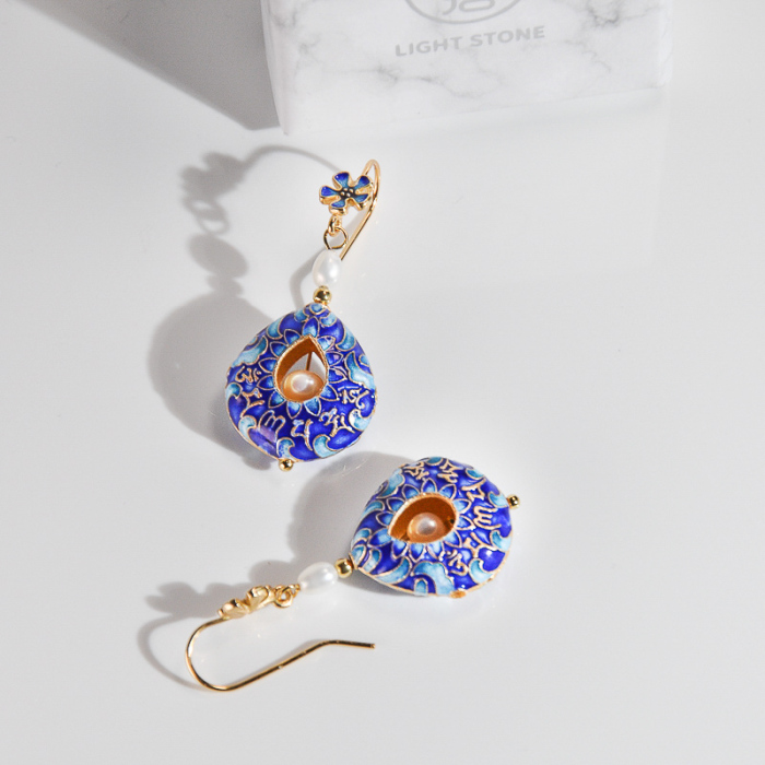 Must Have - Asian Chinese Handmade Cloisonne Enamel- Sky Pearl Earrings| LIGHT STONE