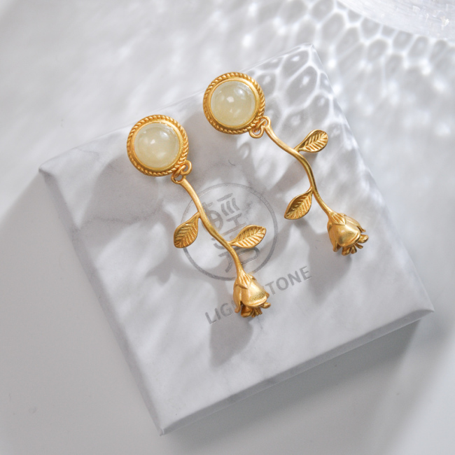 Gold Rose - Hetian Jade Gilt Silver Earrings