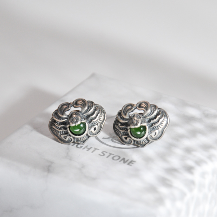 Best Online Earrings - Bat - Chinese Old Silver Green Jade | LIGHT STONE