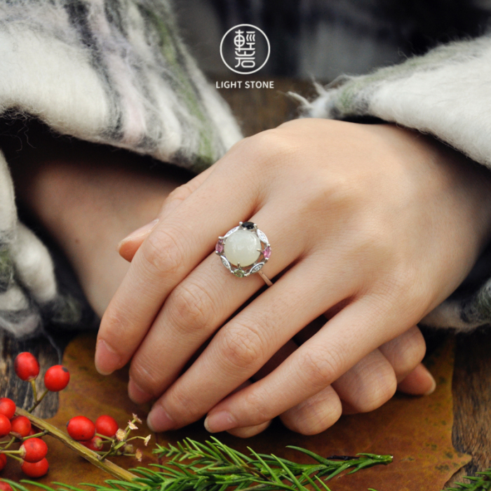 Chinese Artisan Jewelry- Online Shop -White Hetian Jade&Tourmaline Silver Ring | LIGHT STONE