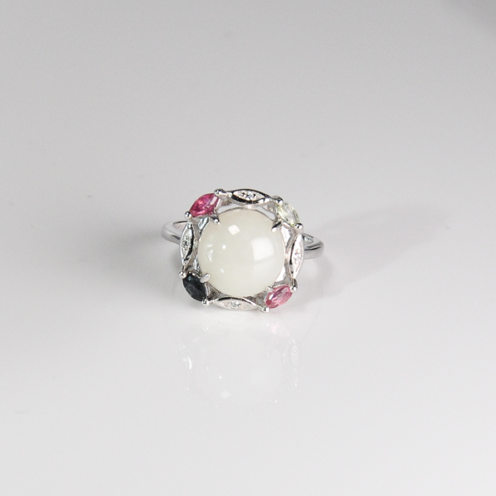 Chinese Artisan Jewelry- Online Shop -White Hetian Jade&Tourmaline Silver Ring | LIGHT STONE