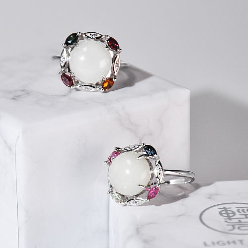 Colorful Life - White Hetian Jade&Tourmaline 925 Silver Ring - Size Ajustable