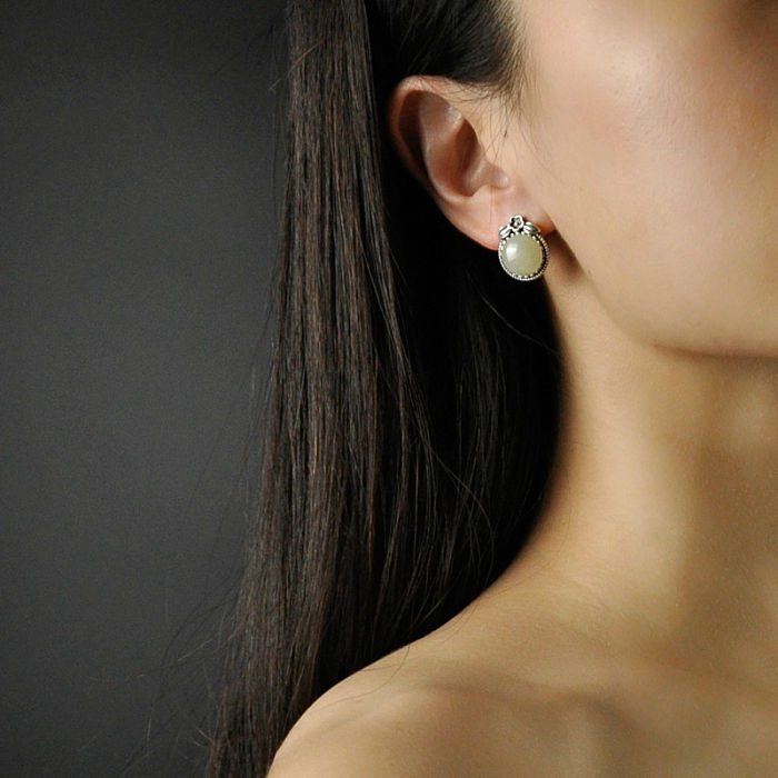 Best Online Earrings -  Plum Flower  Chinese Jade Silver Ear Stud| LIGHT STONE