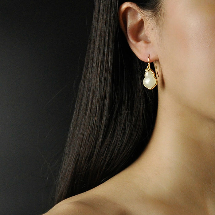 Chinese Artisan Jewelry -Lucky HULU-Jade Silver Earrings| LIGHT STONE