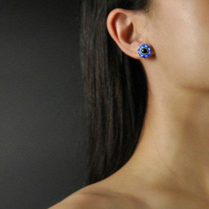 Online Earrings - Flower - Lazurite - Burning Blue Cloisonné  Silver Ear Stud  | LIGHT STONE