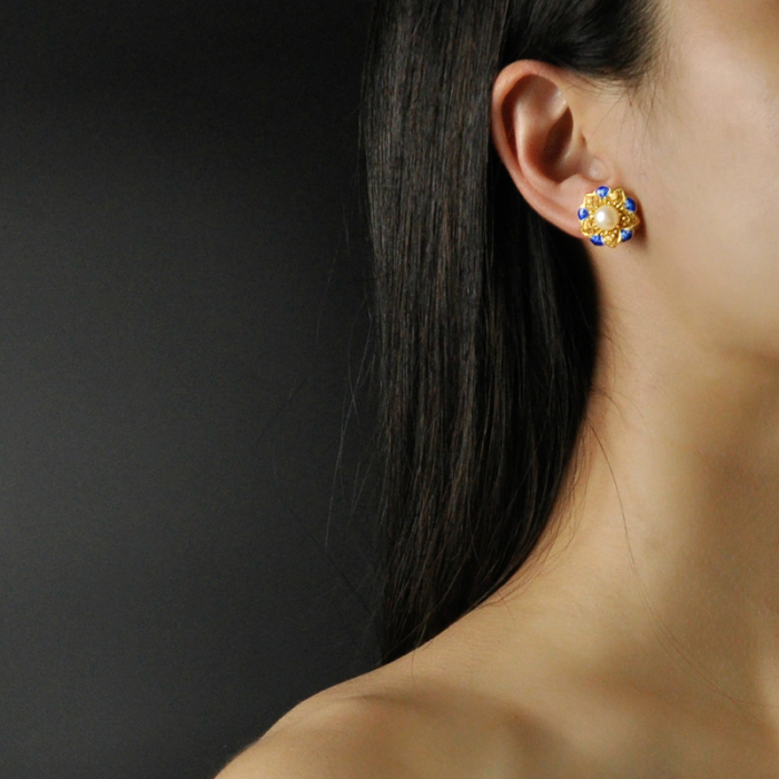 Online Earrings - Sun Flower - Chinese Filigree Enameling Pearl Ear Stud| LIGHT STONE