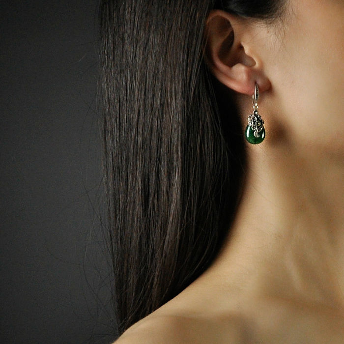 Chinese Artisan Jewelry -Mosaic Flower - Green Chalcedony Earrings| LIGHT STONE