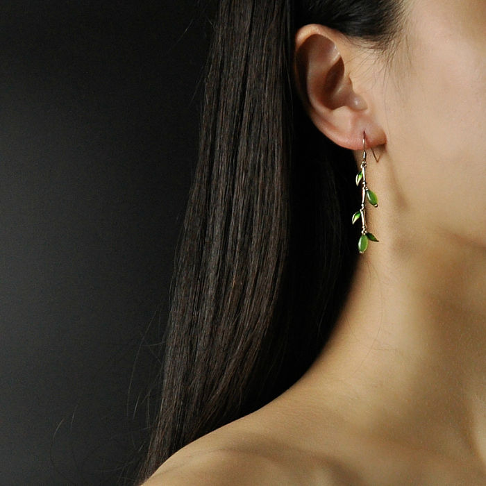 Chinese Artisan Jewelry -Bamboo - Green Jade Enamel Earrings| LIGHT STONE