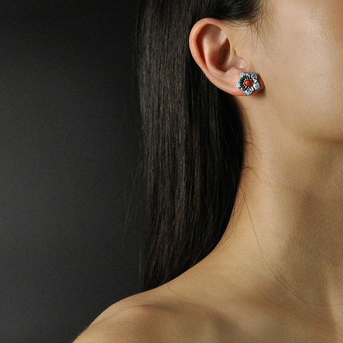 Online Shop- Chinese Enamel Cloisonné Blue Star Flower Ear Stud| LIGHT STONE